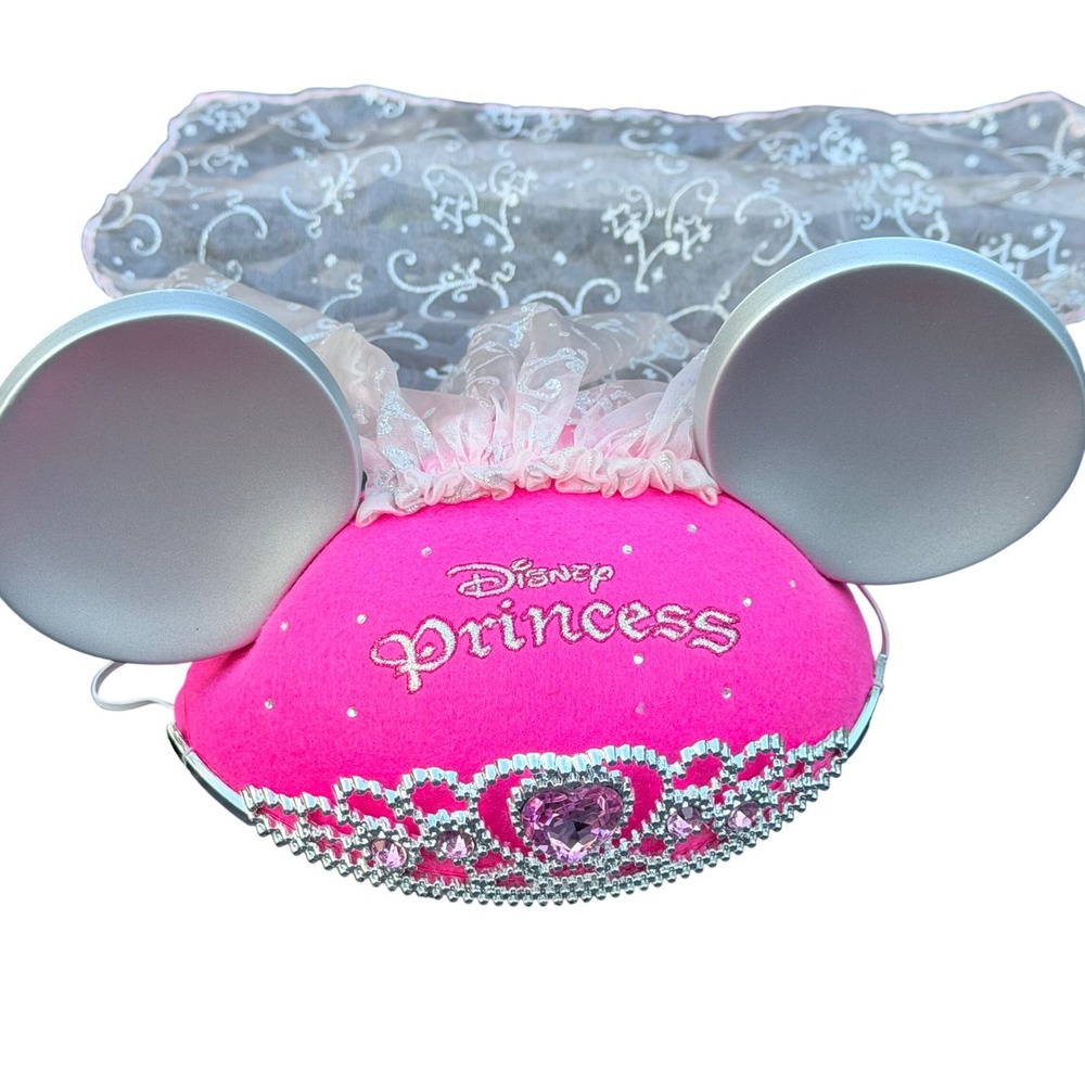 Disney Princess Mickey Ear Hat Girls One Size Pink Tiara Veil Rhinestone Costume